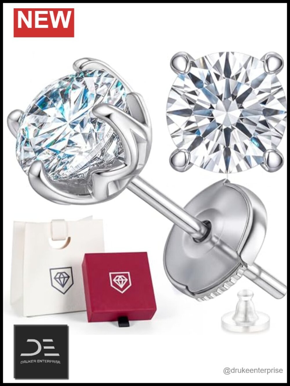 1 Carat Moissanite Stud Earrings 925 Sterling Silver Hypoallergenic Gift Box